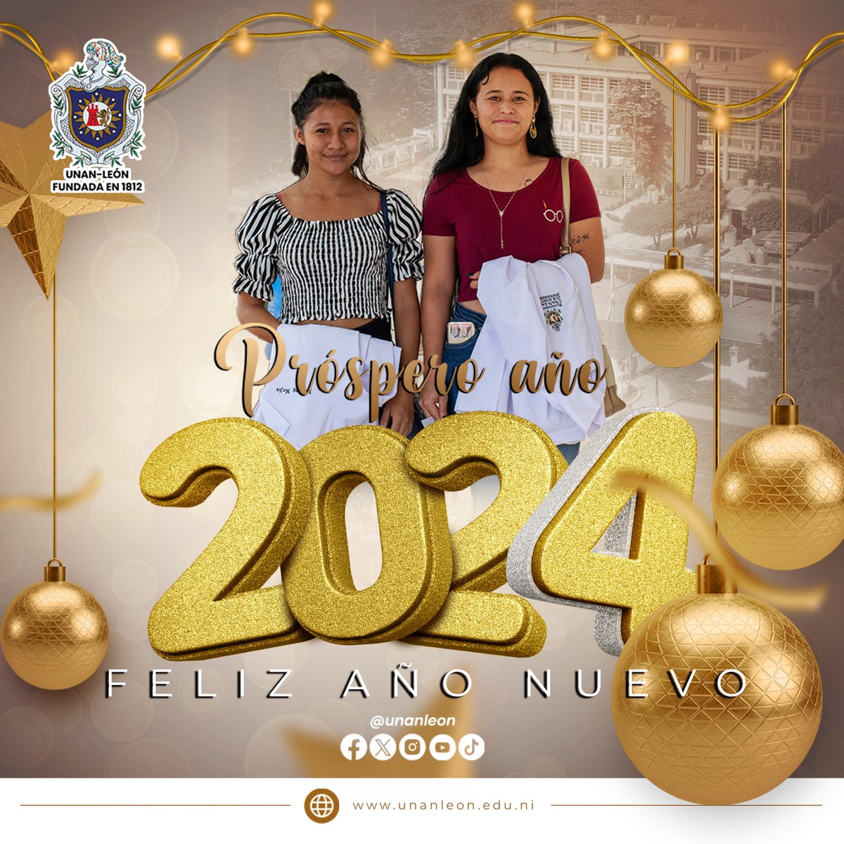 La comunidad universitaria de la UNAN León, les desea ¡Feliz Año Nuevo, para proclamar y caminar la paz, el amor, la esperanza y la fe en Dios, en cristo Jesús, y en la humanidad!