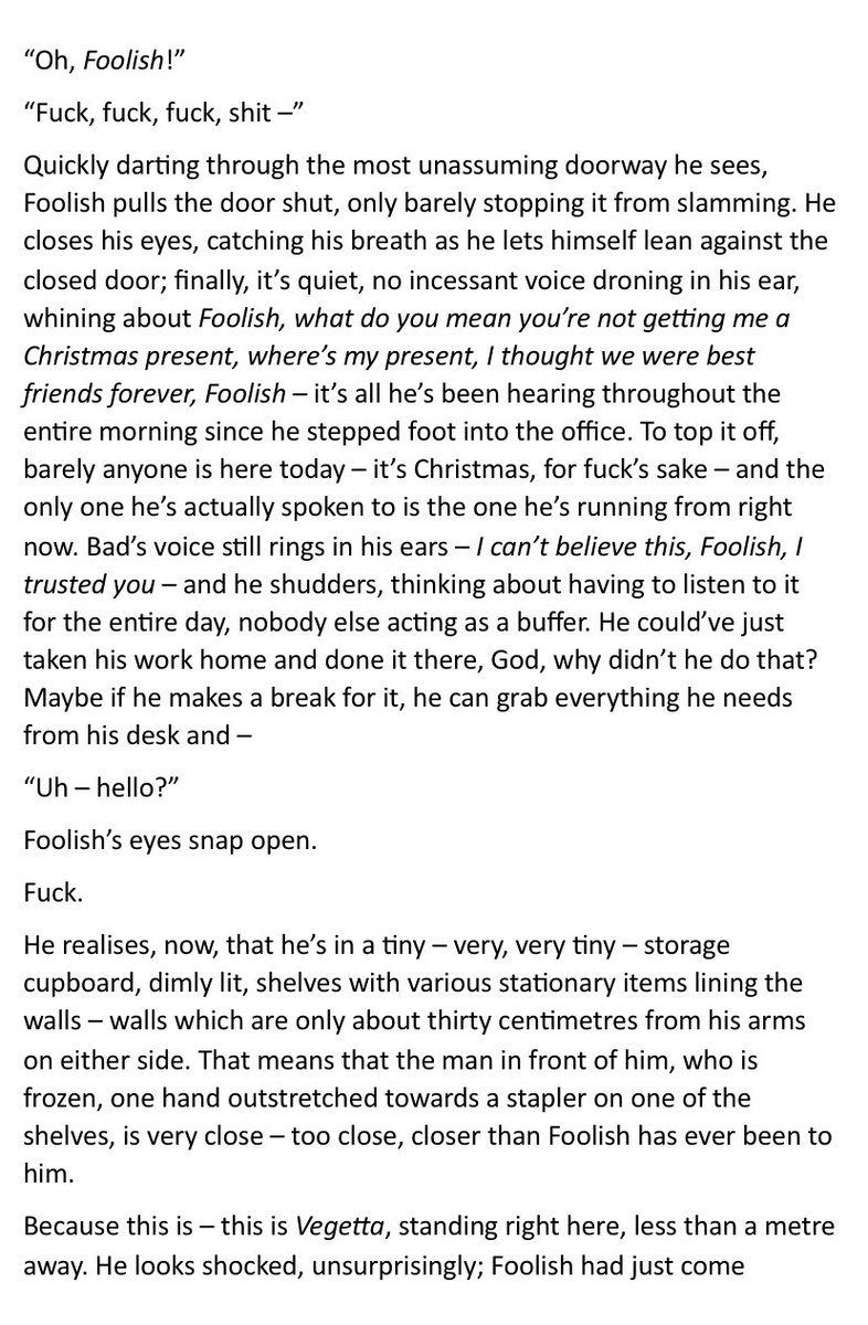 180hugrat's tweet photo. — Fooligetta Office AU —
foolish gets trapped inside a storage cupboard with his long-time office crush, vegetta. maybe the crush isn’t as unrequited as he thought it was…
cubitos not ccs!!
AO3 LINK AT END OF THREAD
#12DaysOfFooligetta
(1/4) https://t.co/QCCmVNBgWg