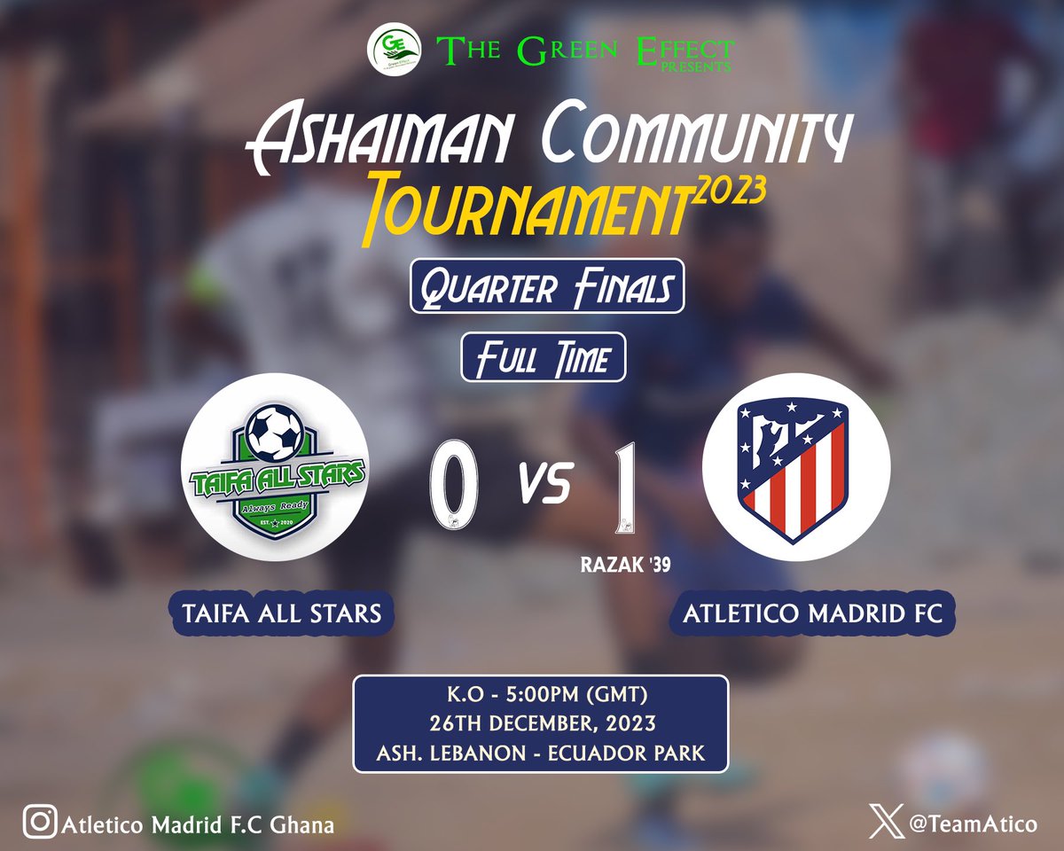 TeamAtico's tweet photo. Another massive performance from the lads. 
Incredible support from our beloved fans❤️‍🔥

ONTO THE SEMIFINALS!🔥

#AtleticoMadridFC🇬🇭
#TeamBwin❣️⚽️❣️
#AshaimanCommunityTournament
#TheGreenEffect https://t.co/GAIU3LaM6n