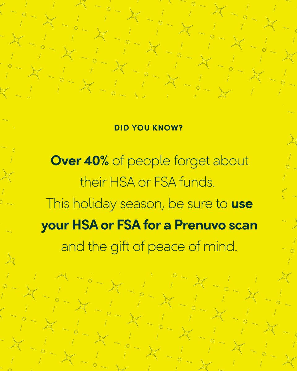 prenuvo's tweet photo. This holiday season, gift yourself peace of mind using your remaining HSA/FSA funds!

Each year, more than 40% of Flexible Spending Account (FSA) account holders forfeit a portion of their contributions by missing the annual deadline. If you have remaining FSA funds for the year, you can use your FSA or Health Savings Account (HSA) towards the cost of a Prenuvo scan.

Don’t hesitate to DM us if you have any questions or to book your Prenuvo scan!