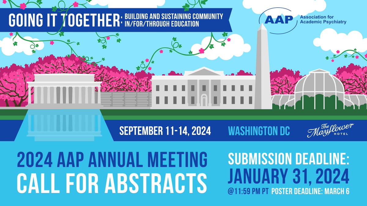 The 2024 AAP Annual Meeting is taking place Sept 11-14, 2024 in Washington DC! The theme is 'GOING IT TOGETHER: Building & Sustaining Community In/For/Through Education.' Abstracts due January 31st — more info here: aap.joynmeeting.com/v2 🎓 #AAPinDC #PsychTwitter #MedTwitter