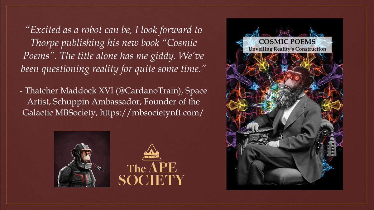 sfumato44's tweet photo. Time to showcase the wonderful people that have been part of the ‘Cosmic poems’ journey 🤩 Here’s a comment by the great @CardanoTrain 😵‍💫🚀

Mark the date! #CosmicPoems mint will take place on the 3rd of January with @book_io ✨

@the_ape_society #NFTs #CNFTs https://t.co/E34iWOXHzr