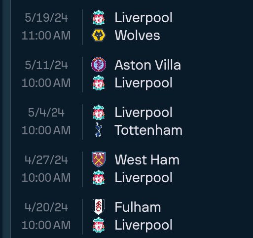 Liverpool’s last 5 matches in the Premier League this season. Nerve-wracking.
