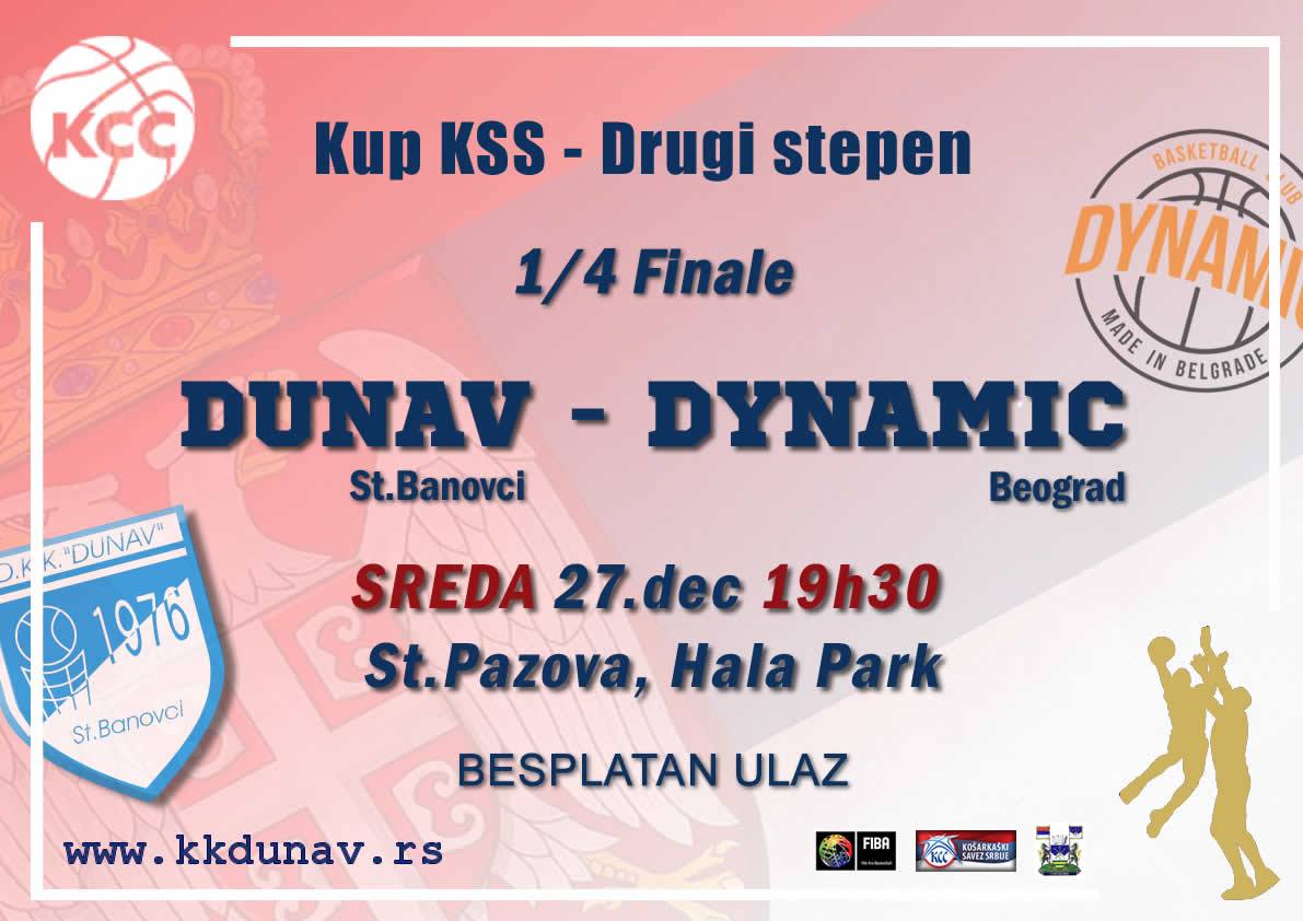 kkdunav's tweet photo. 1/4 KUPA KSS, POSLASTICA ZA KRAJ GODINE
DUNAV - DYNAMIC, SREDA 19h30, St.Pazova

Voljom žreba, Dunav u četvrtfinalu, na svom terenu, sastaje se sa Dinamikom iz Beograda. Pobednik ovog duela u polufinalu će odmeriti snage sa boljim iz duela Zdravlje Leskovac - Čačak 94 Quantox. https://t.co/qxWpdzgxIz