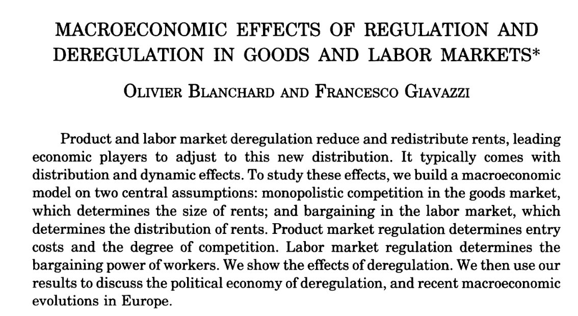 A propósito del DNU de <a href="/JMilei/">Javier Milei</a>, me puse a buscar qué sabemos sobre los efectos macro de la desregulación, tanto en el corto como largo plazo. 

Me gustó este paper de <a href="/ojblanchard1/">Olivier Blanchard</a> y Giavazzi. Tiene algunos lindos resultados; en particular sobre la diferencia entre sacar