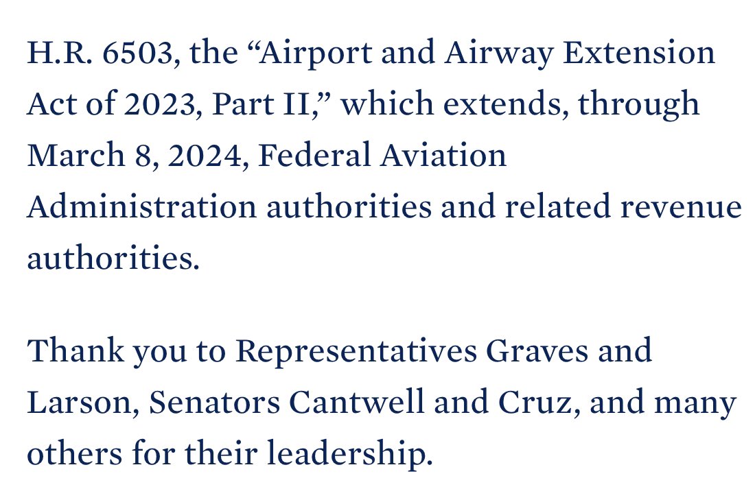 President Biden today signed into law legislation extending FAA’s authority to collect taxes on airline tickets and fuel to run its system and programs to March 8th. It was set to expire December 31st. whitehouse.gov/briefing-room/…