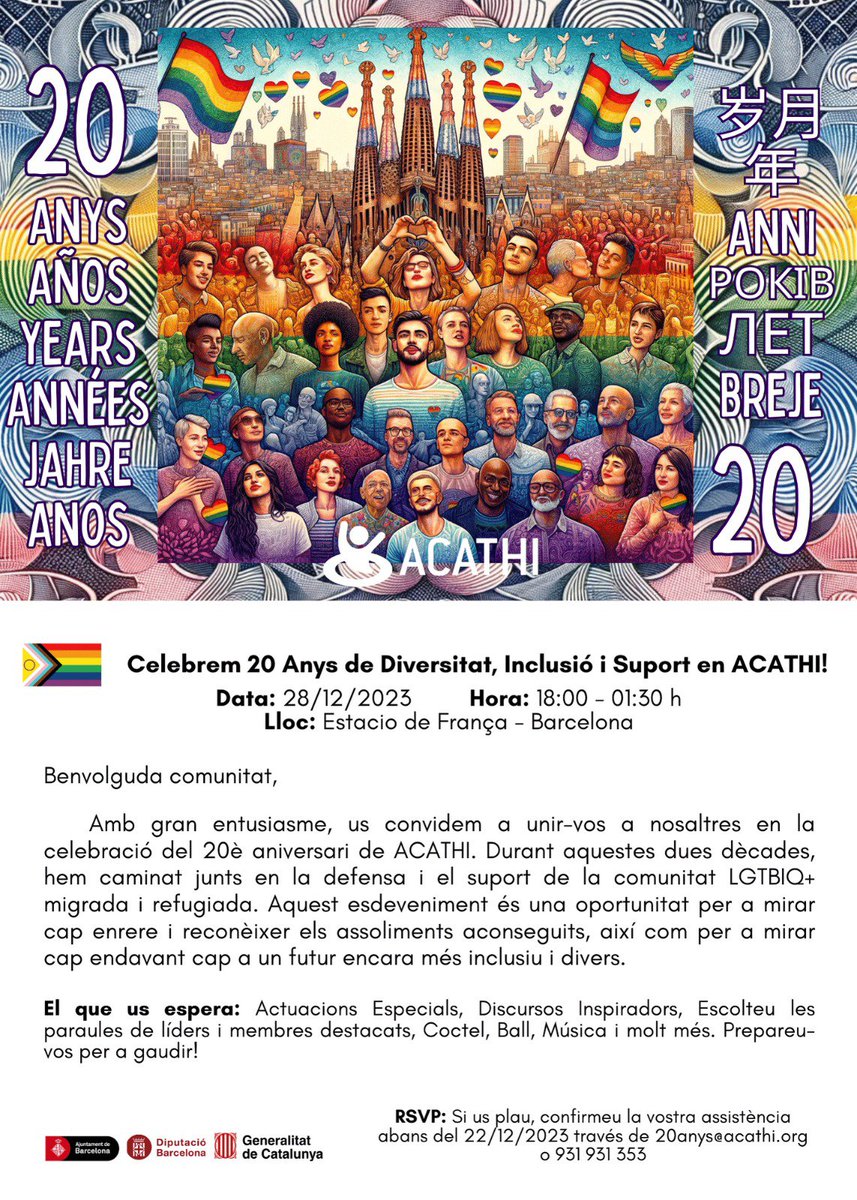 XarxaLGBTIQ (@xarxalgbtiq) on Twitter photo Celebrem el 20è aniversari d'<a href="/ACATHI/">Asociación ACATHI</a>, entitat compromesa en la defensa i suport de la nostra comunitat LGTBIQ+ migrada i refugiada.🏳️⚧️🏳️🌈
🗓️ dijous 28 de desembre de 2023
🕕 18 h.
📍Estació de França, Barcelona Celebrem el 20è aniversari d'<a href="/ACATHI/">Asociación ACATHI</a>, entitat compromesa en la defensa i suport de la nostra comunitat LGTBIQ+ migrada i refugiada.🏳️⚧️🏳️🌈
🗓️ dijous 28 de desembre de 2023
🕕 18 h.
📍Estació de França, Barcelona