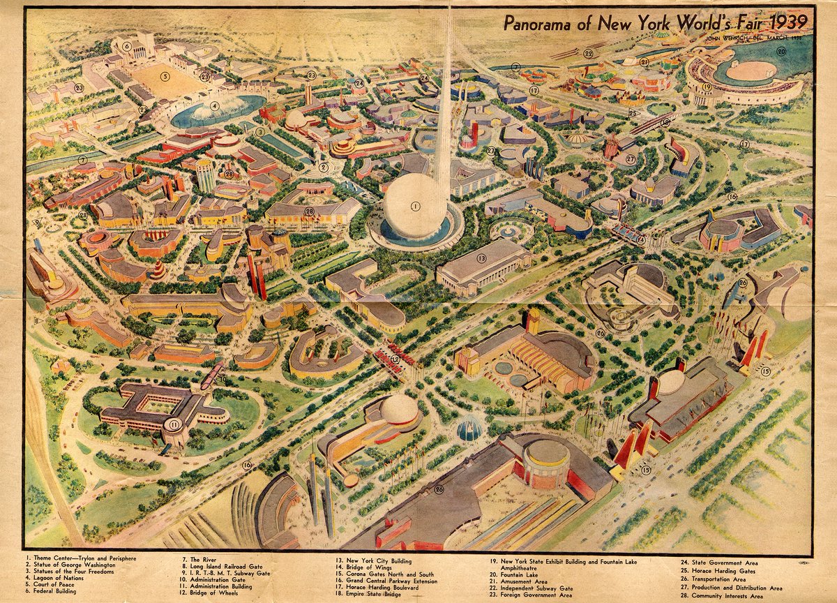 #1939WorldsFair #VintageMap #Perisphere #Trylon 
My vintage, 1939 panorama map of the 1939 World's Fair.  @JerryOrdway @WalterSimonson