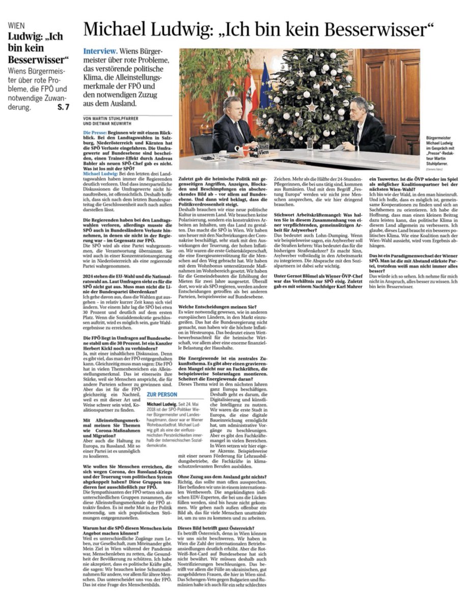 raphstar's tweet photo. Eure Meinung zum Interview von @BgmLudwig in @DiePressecom würde mich interessieren. Was sehr ihr ähnlich? Wo habt ihr andere Ansichten? Und wird 2024 das Jahr wo die politische Kultur in Österreich wieder besser wird? https://t.co/Ii7z3atI0t