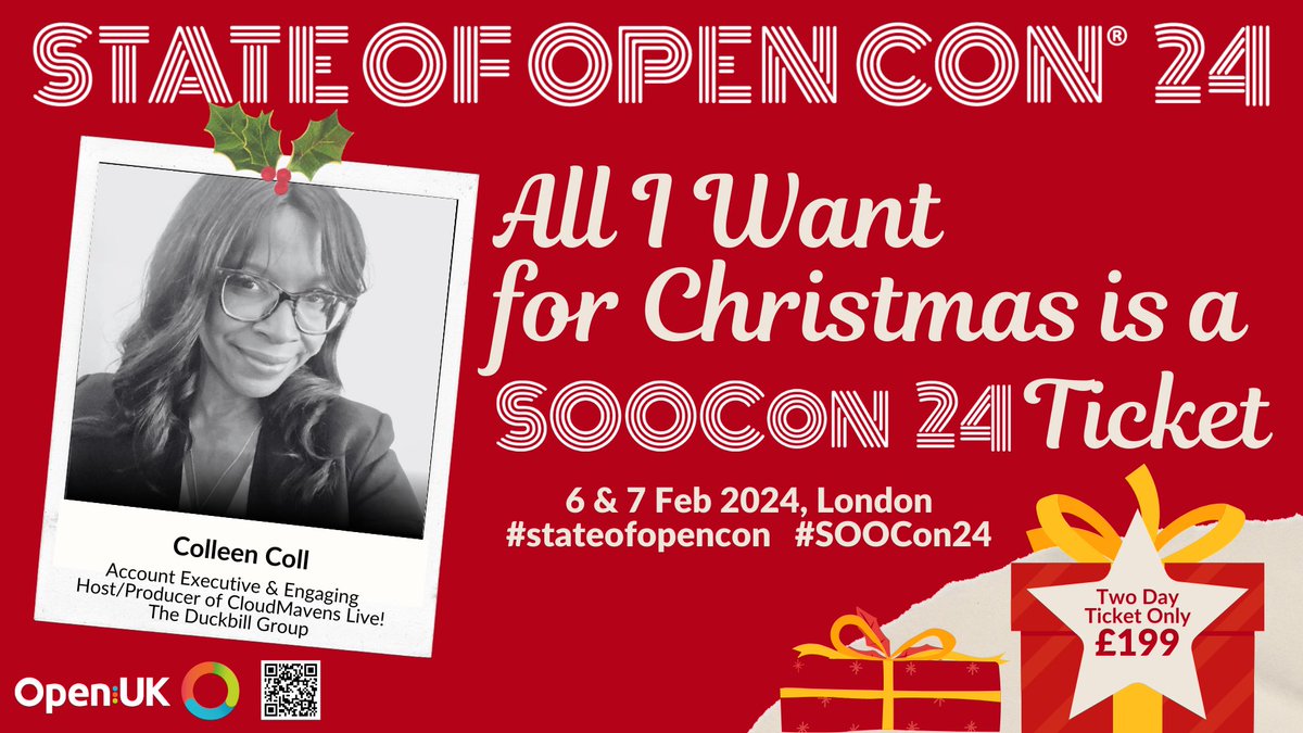 colleencoll's tweet image. Hope your Christmas was filled with joy &amp;amp; laughter!  Keep the festivities going with a special Boxing Day treat: Grab your #stateofopencon24 ticket for just £199! Join us in shaping the future of open tech. Don&apos;t miss out on this groundbreaking opportunity!  #opensource