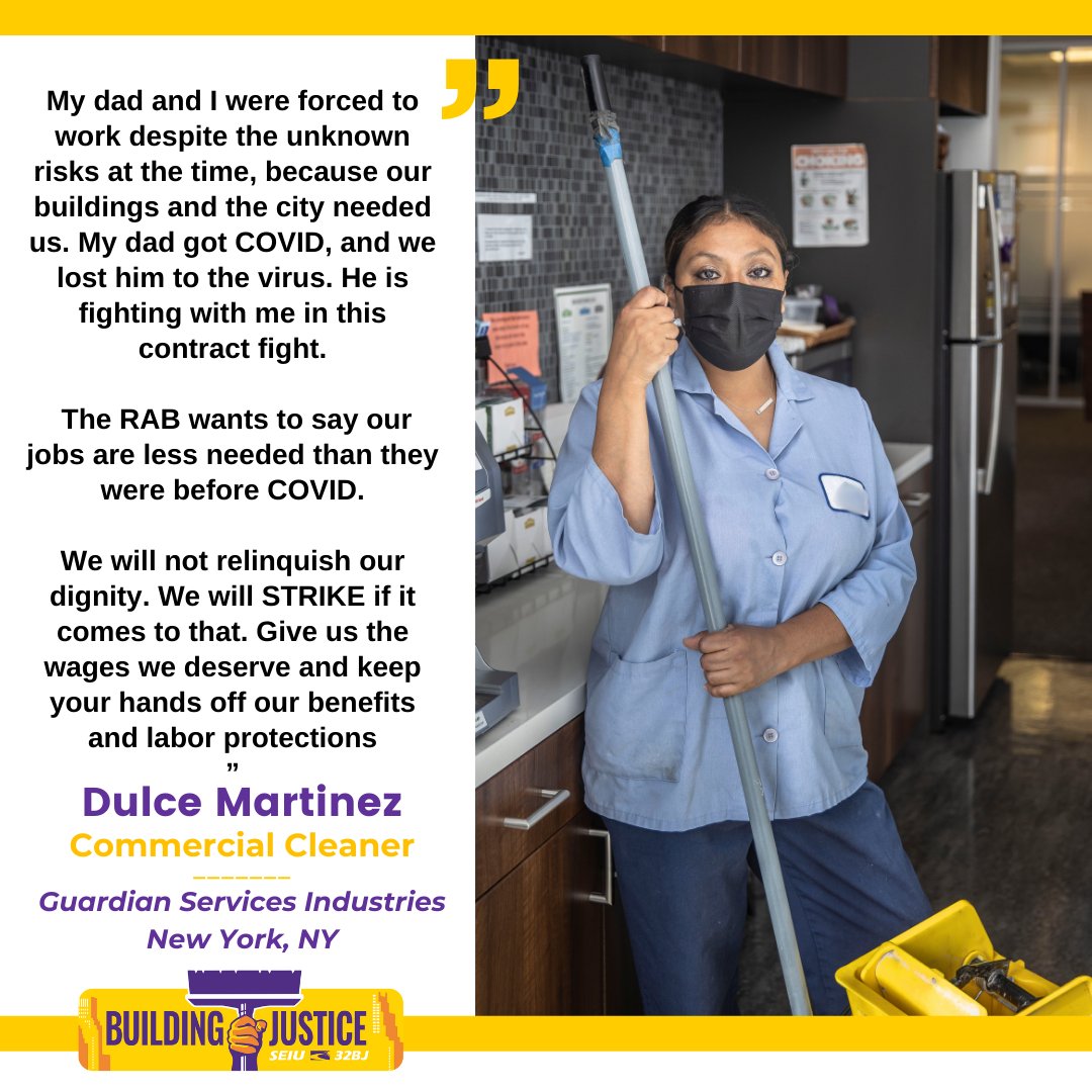 .@32BJSEIU cleaners like Dulce Martinez, who lost so much during the COVID pandemic—even their family members—are READY TO #STRIKE for a fair contract if the @RABOLR doesn't give them the wages, labor protections and benefits they deserve. #BuildingJustice 🧹✊🪧