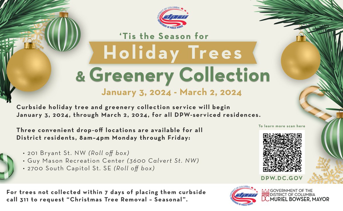 🌲 Christmas may be over, but the holiday spirit lives on! 🎉 Starting January 3rd, DPW is collecting live holiday trees for composting until March 2, supporting Mayor Bowser's Zero Waste initiative. Don't forget to remove decorations and place them at the curb! ♻️ #ZeroWasteDC