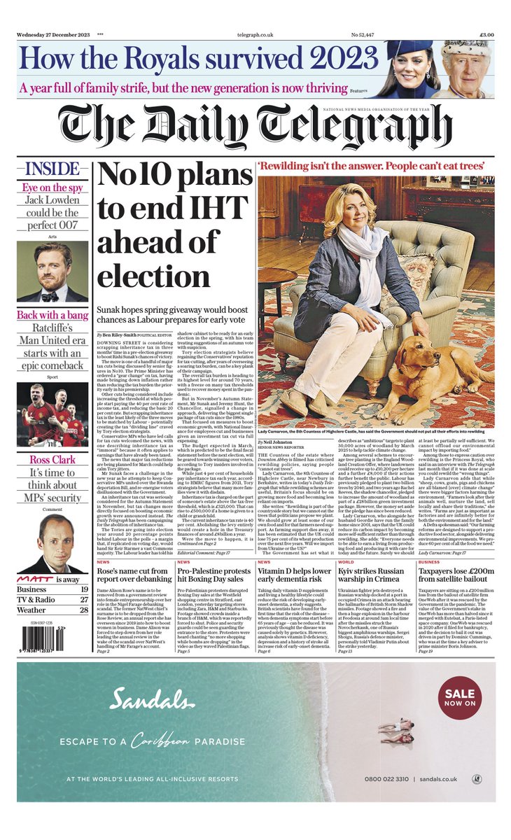 Telegraph's tweet image. The front page of tomorrow's Daily Telegraph:

'No 10 plans to end IHT ahead of election'

#TomorrowsPapersToday

Sign up for the Front Page newsletter
telegraph.co.uk/frontpage-news…