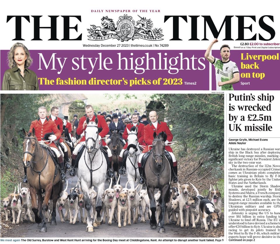 Superb Times front page photo tomorrow and an even better caption beneath🗞 

People came out in droves to support local hunts and their high streets for Boxing Day!

Protect the future of lawful hunting with hounds, sign up to #ActionForHunting here 👉🏻 bit.ly/3RAatSD