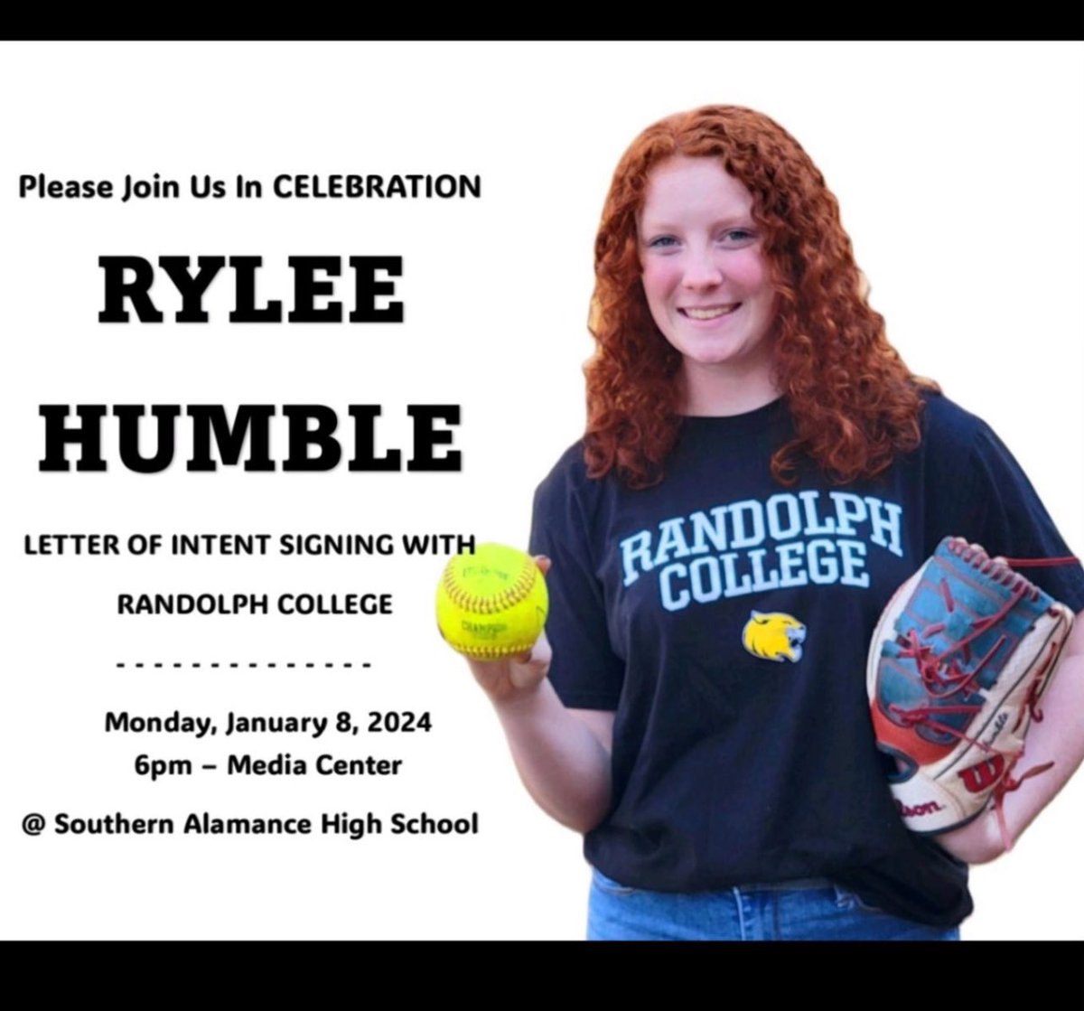 sahs_fastpitch's tweet photo. Congratulations to Senior Slinger @RyleeHumble15 🥎🔥!!!! Ry will sign her Letter of Intent, to Randolph College, Monday, January 8th, 2024 at 6pm in the media center at Southern Alamance! #SAallday #SAalways #catsup https://t.co/ggaIw70U7R