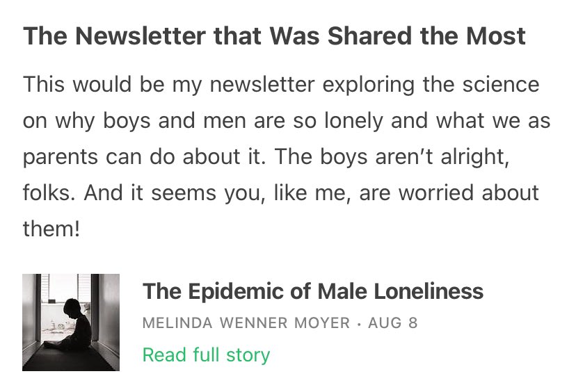 Wow, the most shared issue of @lindy2350’s newsletter in 2023 was the one about boys and loneliness. So glad I could share some ideas it in! Here’s the link: open.substack.com/pub/melindawmo…