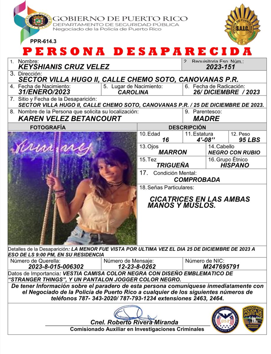 Motinsitepegas's tweet photo. AHORA | Policía emite Alerta Amber por la desaparición de Keyshianis Cruz Vélez, de 16 años, en Canóvanas. https://t.co/4pJmsq7T9M