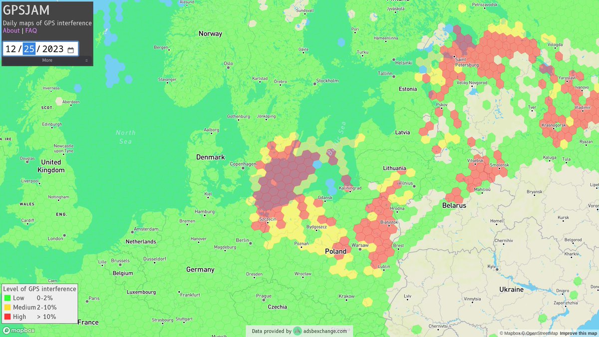 The GNSS/GPS-disturbance of south Baltic drastically increased yesterday. There is now a large area where about 15-20% of aircrafts report trouble getting a position: south Sweden, northern Poland, south Baltic Sea. Cause is still unknown, it is not because of solar storms.