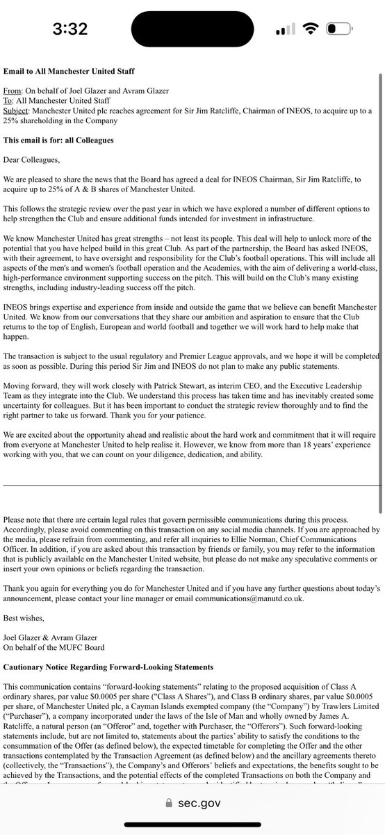 Muppetiers's tweet photo. Email from Glazers to all staff. https://t.co/DBz9LxLPQ2