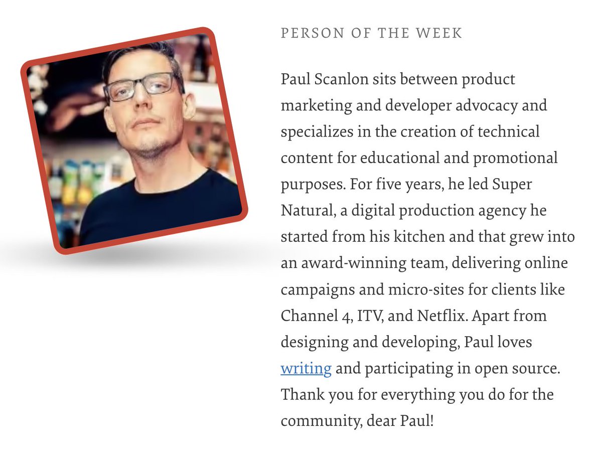 Our Person of the Week sits between Product Marketing and Developer Advocacy and specializes in creating technical content. Please give a warm round of applause for... Paul Scanlon! Thank you for everything you do for the community, dear @PaulieScanlon! 💖 #smashingcommunity