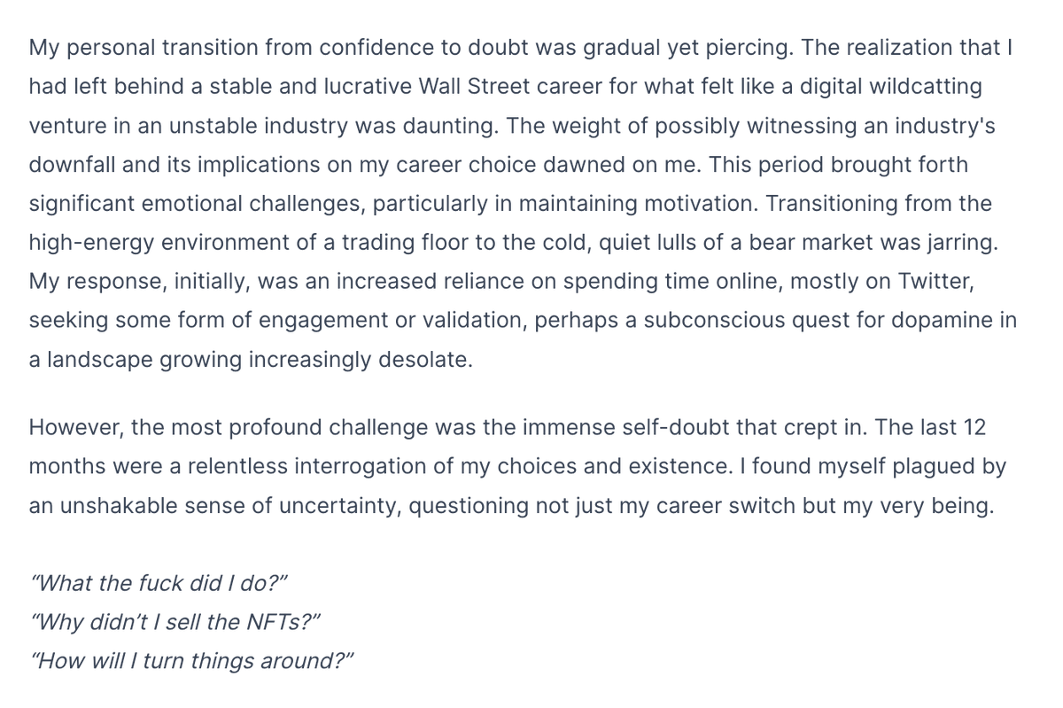 1/ In "Reminiscences of a bear market operator", I wrote about my experience going through the challenging parts of my first full crypto cycle. You can read my favorite part below and access the full piece via the link on the second tweet of this thread.