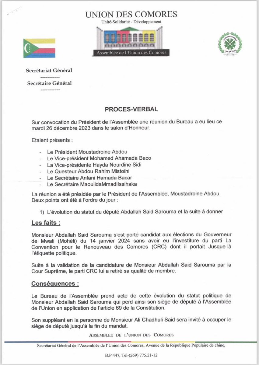Ce qui est bien avec les dictateurs comme <a href="/PR_AZALI/">AZALI Assoumani</a> , c est que chaque jour ses partisans le paient. Donc CHABHANE vote une honteuse loi qui retire au peuple leurs élus si ces derniers sont virés de leur parti politique maintenant il a perdu son siège de député <a href="/Hury_official/">Haraka Uhime Ritapiliye Yentsi (HURY)</a>
