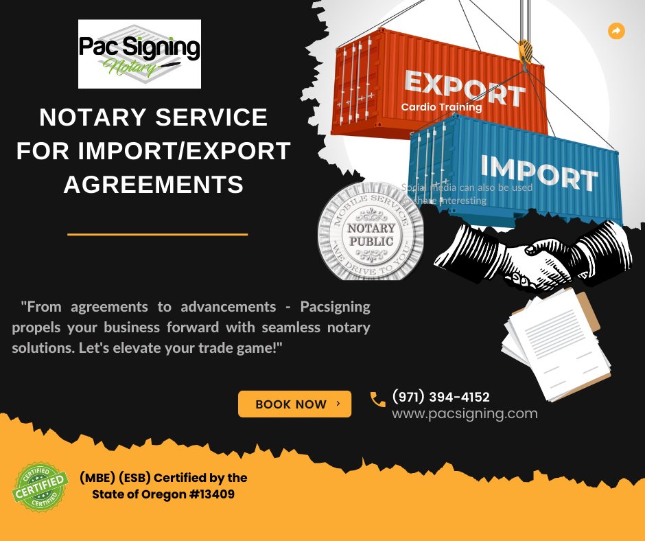 pacsigning's tweet image. Are you tired of navigating the complexities of import/export agreements? 

Visit pacsigning.com
Call (971) 394-4152

#Pacsigning #NotaryExcellence  #SeamlessTrade #CertifySuccess #notary
#TradeWithoutBorders #hillsboro #lakeoswego #portland #beaaverton