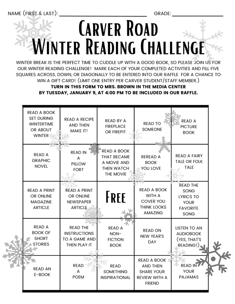 CarverRoadMS's tweet photo. You still have time to participate in our Winter Reading Challenge! Remember, you don't have to read an entire book to X off a spot - Read for at least 20 minutes to claim a square! #CAMSReads https://t.co/xVolSuDmS5