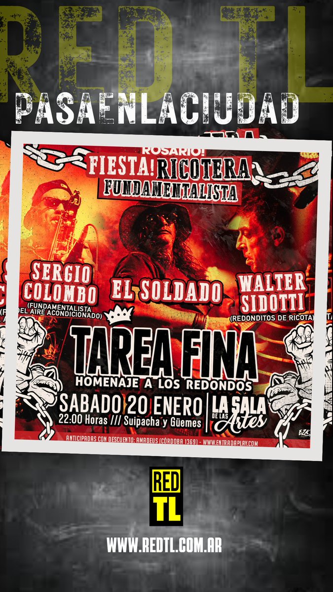 redtl1055's tweet photo. FIESTA RICOTERA FUNDAMENTALISTA en ROSARIO!
🔥 Walter Sidoti, Sergio Colombo  y El Soldado. 🤘Tarea Fina 🤘
🎫 EN VENTA!!!
🗓 Sáb 20 
🕙 22:00
🕋 Sala de las Artes
🎟️ Anticipadas con descuento: Amadeus (Córdoba 1369) - https://t.co/4t1BO1EkI3 https://t.co/CpZqLP2WNF