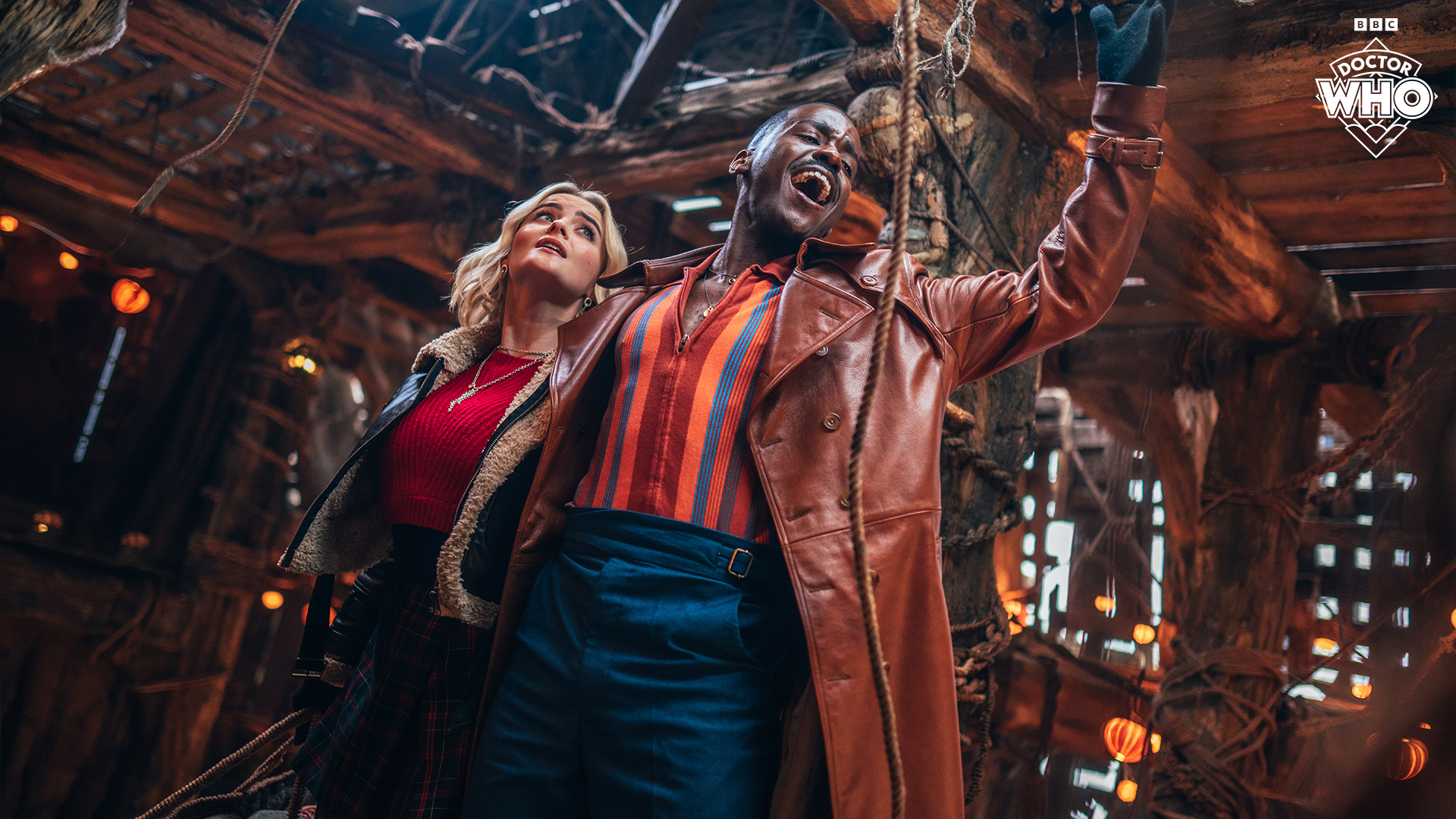 The Doctor (Ncuti Gatwa) and Ruby (Millie Gibson) sing on board the goblin ship in 'The Church on Ruby Road'.