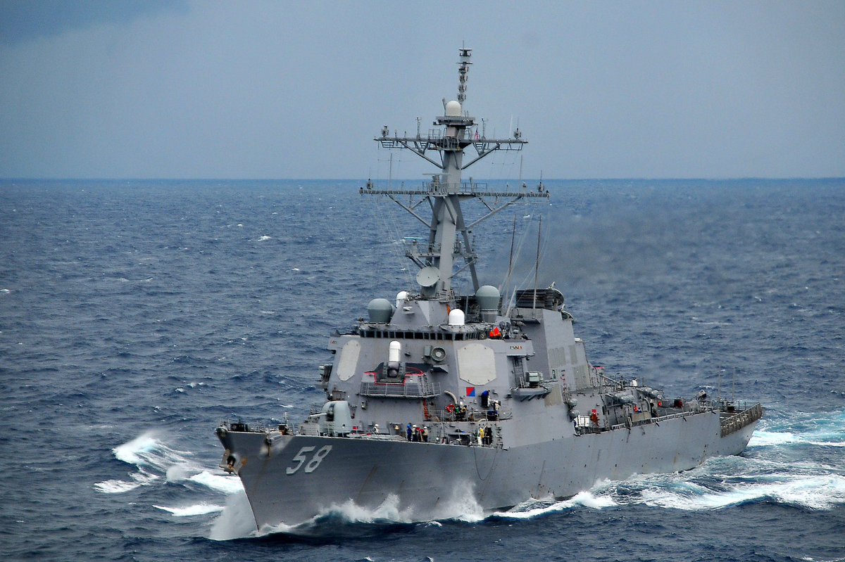 sentdefender's tweet photo. U.S. Central Command has announced that the USS Laboon (DDG-58), an Arleigh Burke-Class Guided-Missile Destroyer as well as several F/A-18 Super Hornets with  Carrier Air Wing 3 attached to Carrier Strike Group 2 (CSG-2) aboard the USS Dwight D. Eisenhower (CVN-69) were able to Shoot Down at least 12 One-Way “Suicide” Drones, 3 Anti-Ship Ballistic Missiles, and 2 Land-Attack Cruise Missiles launched by the Houthi Terrorist Group in Yemen towards Commercial Shipping Lanes and Southern Israel over a “10-Hour Period” beginning earlier today.