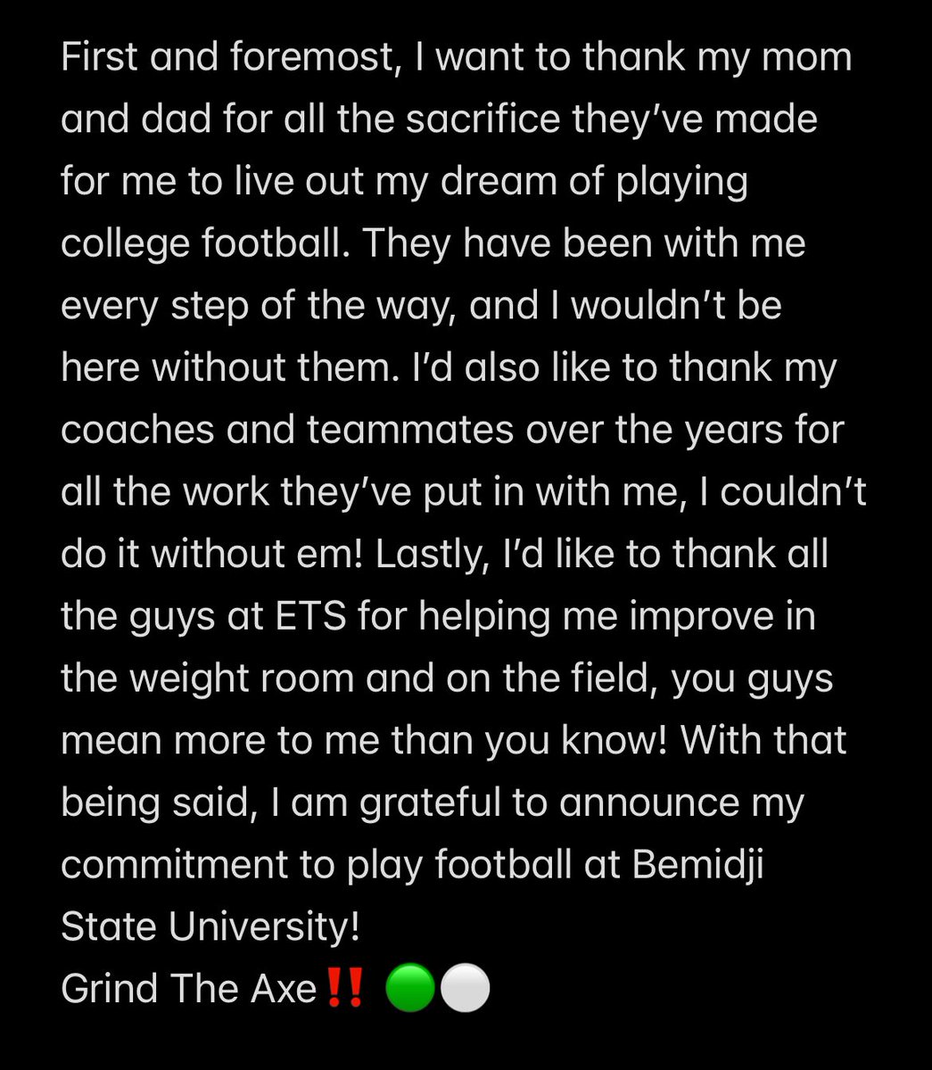 Alexdreher4's tweet photo. I am so grateful to announce my commitment to play football at Bemidji State University! #GrindTheAxe 🟢⚪️
@CoachChewy80 @CoachBolte @KH_Pike @kellan_wandtke https://t.co/yVmnSNQTU8