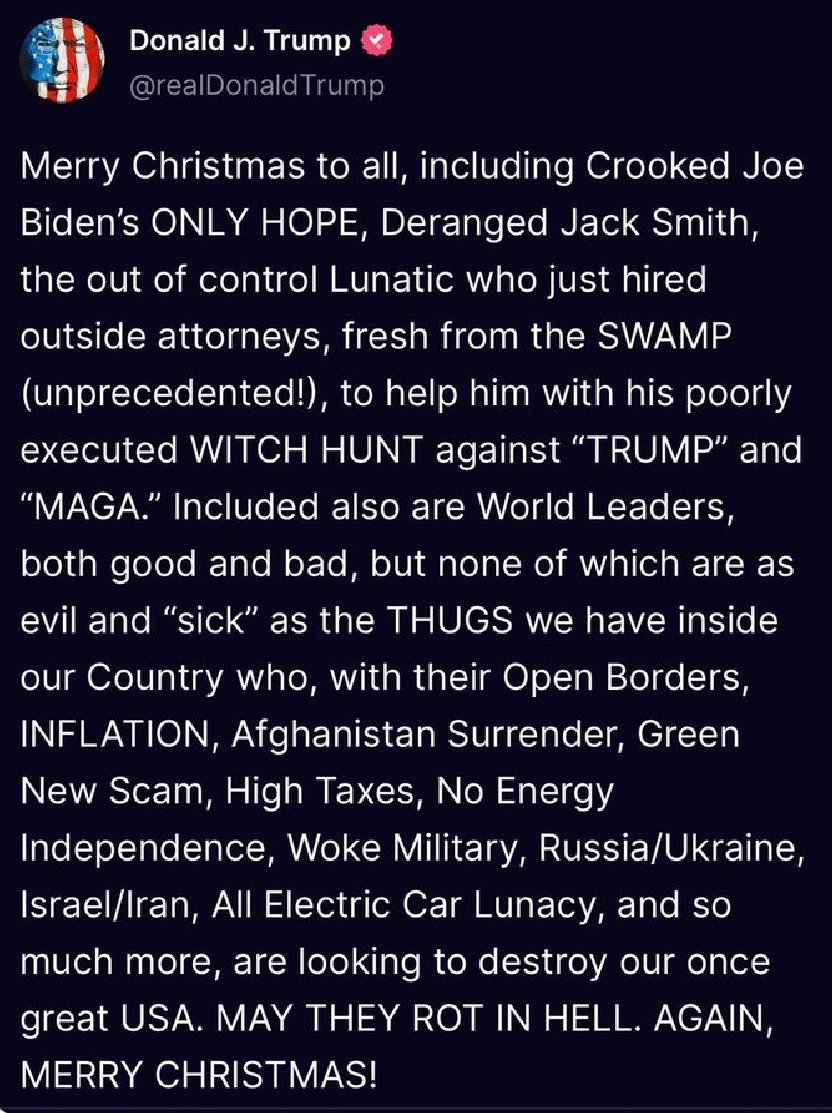 Trumpin 'Joulutervehdys' 😳

Kuin manaajan vallassa & amfetamiini-päissä kirjoittettua (huonoa) beat-runoutta 😂

'Mädäntykööt helvetissä. Ja hyvää joulua!'