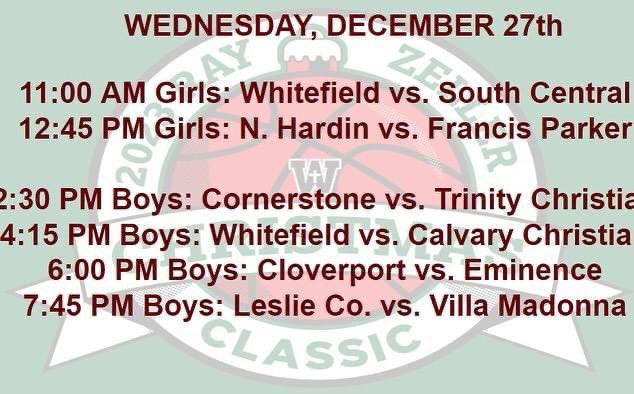 Whitefield Girls Basketball (@whitefield_gbb) on Twitter photo We’re looking forward to hosting the Ray Zeller Christmas Classic this week. The h🏀🏀ps start tomorrow morning!
Attached is the Day 1 schedule for 12/27.
<a href="/NHHS_GirlsHoops/">North Hardin Lady Trojans Girls Basketball</a> <a href="/SCHSRebels/">South Central Rebels</a> <a href="/WyvernPride/">Francis Parker Athletics</a> We’re looking forward to hosting the Ray Zeller Christmas Classic this week. The h🏀🏀ps start tomorrow morning!
Attached is the Day 1 schedule for 12/27.
<a href="/NHHS_GirlsHoops/">North Hardin Lady Trojans Girls Basketball</a> <a href="/SCHSRebels/">South Central Rebels</a> <a href="/WyvernPride/">Francis Parker Athletics</a>