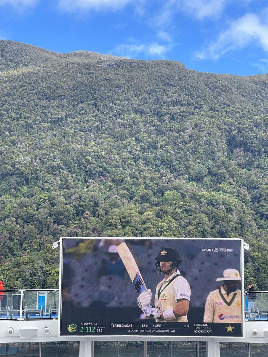Watching the Boxing Day Test Cricket Match in the most beautiful and remote remotest region possible at Milford Sound ,NZ. #cruise