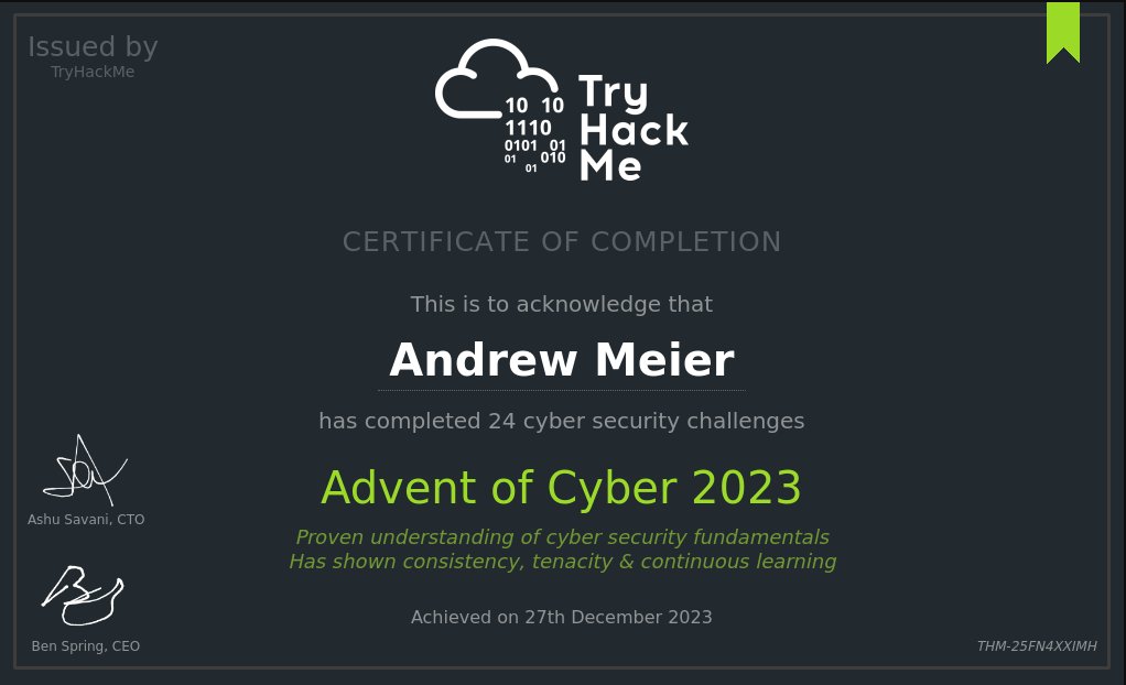 iamandrewmeier's tweet image. Nothing like finishing right before by carriage turned into a pumpkin. @RealTryHackMe  
#adventofcyber2023