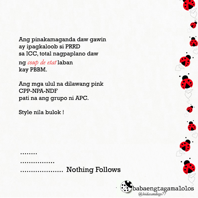 loidasandiego77's tweet photo. Ang pinakamaganda daw gawin ay ipagkaloob si PRRD sa ICC, total nagpaplano daw ng coup de etat laban kay PBBM.

Ang mga ulul na dilawang pink CPP-NPA-NDF pati na ang grupo ni APC.

Style nila bulok ! https://t.co/0rtETwMWU9