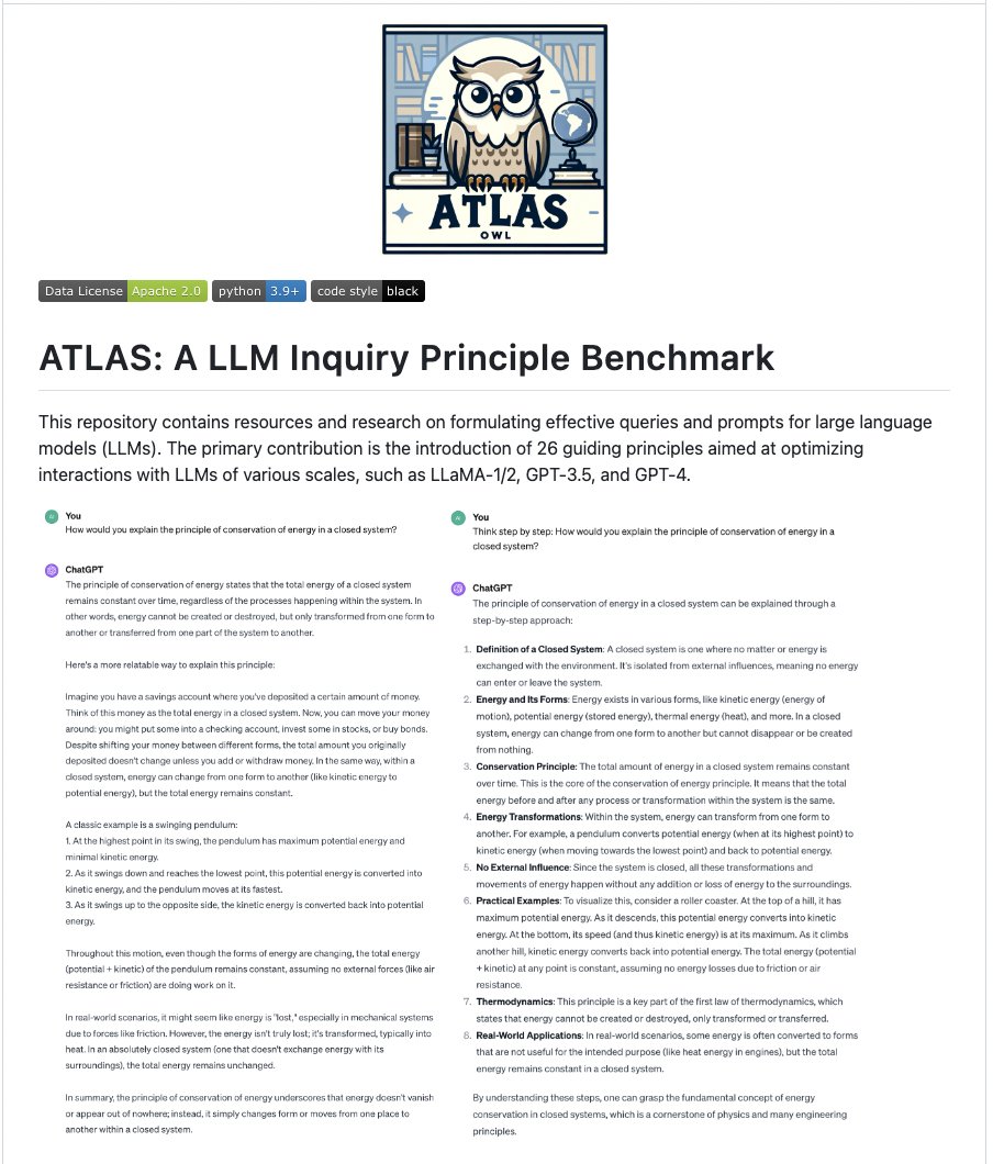 _akhaliq's tweet photo. Principled Instructions Are All You Need for Questioning LLaMA-1/2, GPT-3.5/4

paper page: https://t.co/XUBS3bAvAt

paper introduces 26 guiding principles designed to streamline the process of querying and prompting large language models. Our goal is to simplify the underlying concepts of formulating questions for various scales of large language models, examining their abilities, and enhancing user comprehension on the behaviors of different scales of large language models when feeding into different prompts. Extensive experiments are conducted on LLaMA-1/2 (7B, 13B and 70B), GPT-3.5/4 to verify the effectiveness of the proposed principles on instructions and prompts design. We hope that this work provides a better guide for researchers working on the prompting of large language models.