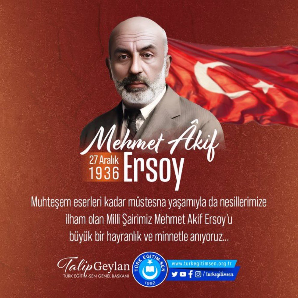 Dalgalan sen de şafaklar gibi ey şanlı hilal!

Olsun artık dökülen kanlarımın hepsi helal.

Ebediyen sana yok, ırkıma yok izmihlal.

Hakkıdır, hür yaşamış bayrağımın hürriyet;
Hakkıdır, Hakk’a tapan milletimin istiklal.      
#MehmetAkifErsoy