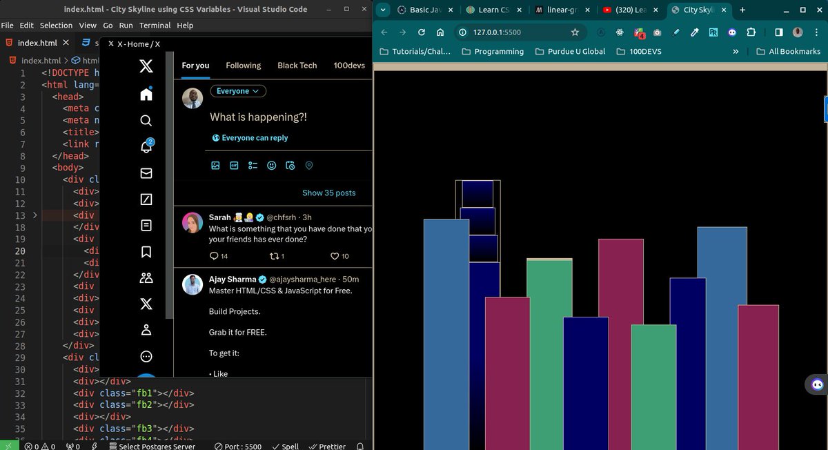 Abdul_Qadir41's tweet image. Day 3 of 100 #100DaysOfCode 
@freeCodeCamp Building a City Skyline lesson 49,
Things I learned/worked on:
- Completed CSS Diner
- Linear gradients
- Creating and using CSS variables
- CSS Layouts
      - Position property
      - Flexbox 
#CodingAfter50 #100DaysOfCode