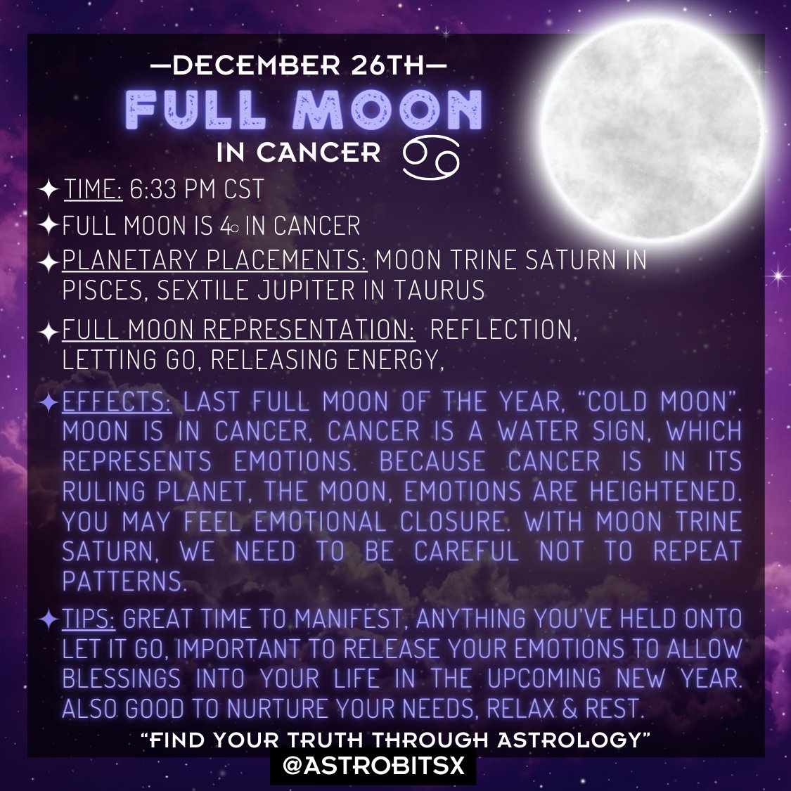 astrobitsx's tweet photo. Under the nurturing embrace of the Cancer full moon tonight 🌕🦀✨ Emotions run deep, tides of intuition rise. Let your emotional toxins be released to allow blessings to come into your life. Water signs will feel the best effects of tonight's full moon. #FullMoon #CelestialMagic https://t.co/pFJEriHp3V