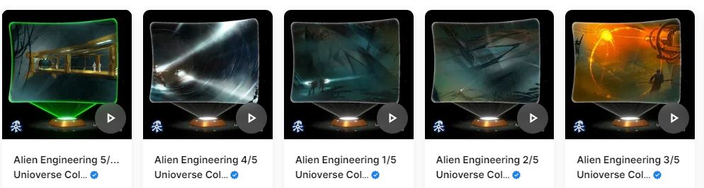 SparhawkElian's tweet photo. So recently at @theunioverse we had a @gam3sgg award/reward just for voting. I was lucky enough to snag a complete set of this #collectible Alien Engineering. Once I forged it to get the 5th, it will give me 9 #protens per day. Thanks fam. https://t.co/w6s5FF5p2v