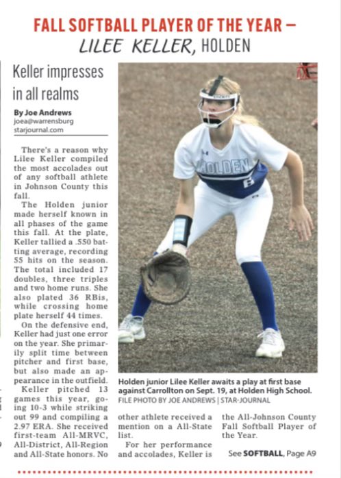 So very blessed to have been awarded Johnson County Fall Softball Player of the Year. I definitely wouldn’t have been able to do it without my teammates, coaches, and parents. Congrats to all the other Johnson County Fall Players of the Year!! @OriginalsKC06 <a href="/HoldenHS_SB/">HHS Softball</a>