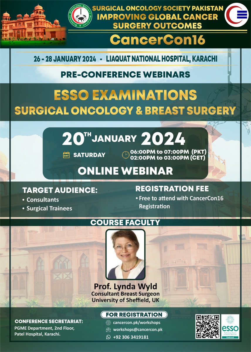 @Carmela_surgery @EYSAC1 @SOS_Pk @lohasi @FarazKh65499316 @AndreasBrandl8 @nadeemkhwaja @PkSurgeons @DrSyedShafqat @hjmajid @mzaeemkhalid @ESSOnews 📚 Join us as Prof Lynda Wyld of @sheffielduni provides insights into 'ESSO examinations in Surgical Oncology and Breast Surgery' at this #CancerCon16 webinar. Discover key elements and understand the @ESSOnews @UEMSEurope examinations in #SurgicalOncology and #BreastSurgery.