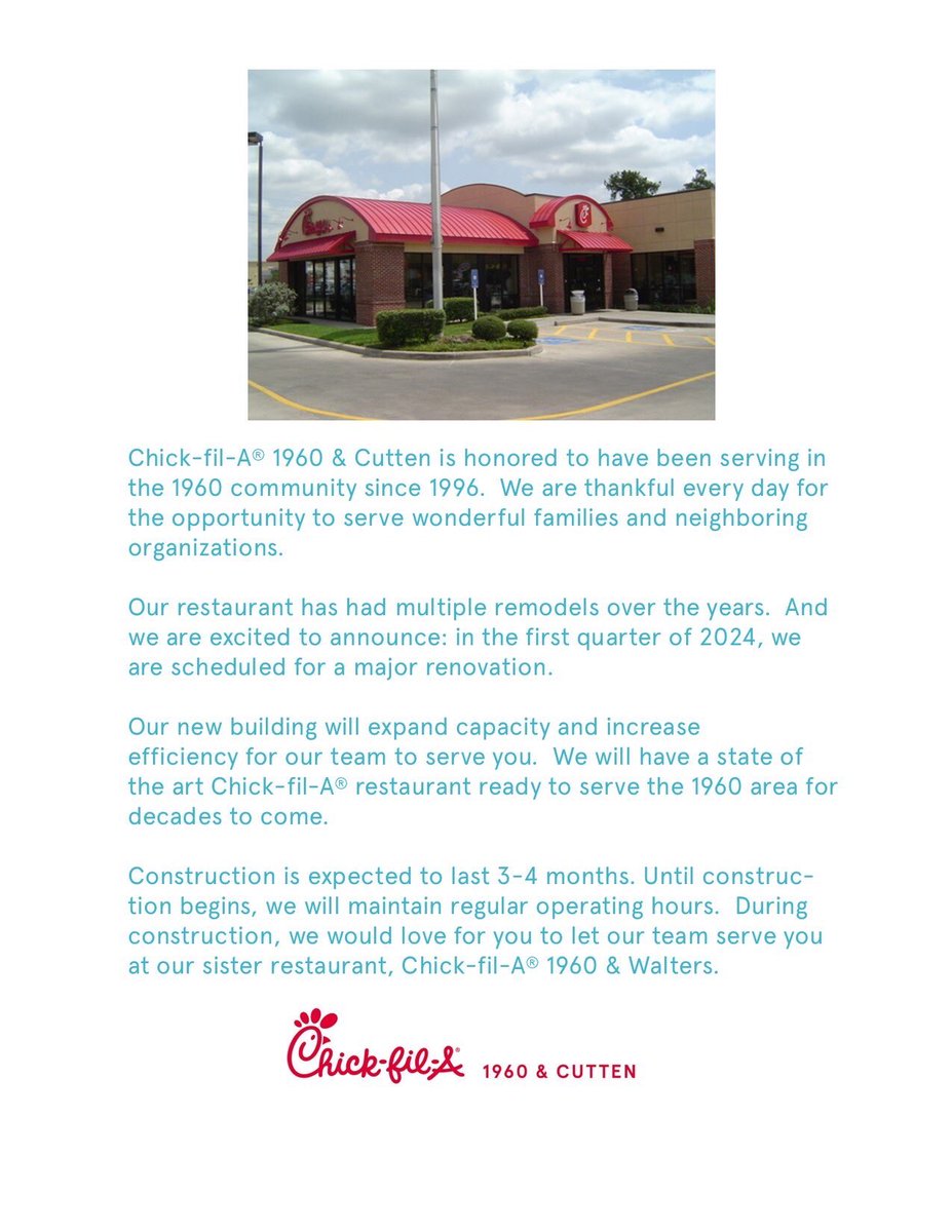 cfa1960cutten's tweet photo. A special message from us to you ♥️

#cfa1960cutten #chickfila #remodel #upgrade #refresh #thankfulforourcommunity #detailstocome #RemarkableTeam https://t.co/hBkMvj2f1n