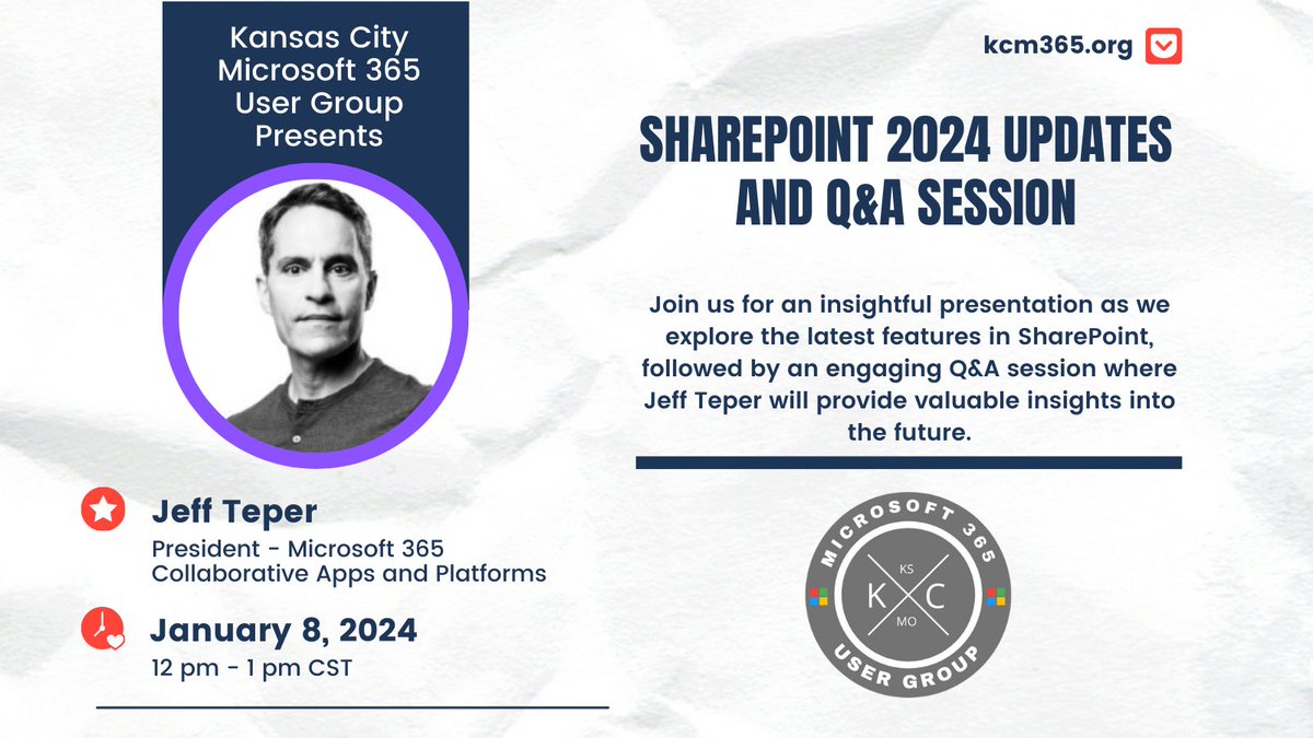 KCM365UG's tweet image. Join us on January 8th for a virtual session with @jeffteper, as he unveils SharePoint 2024 updates and hosts an exclusive Q&amp;amp;A. Don&apos;t miss this chance to stay ahead in the world of teamwork and innovation! Register FREE: eventbrite.com/e/kc-o365-user… #SharePoint2024 #SharePoint