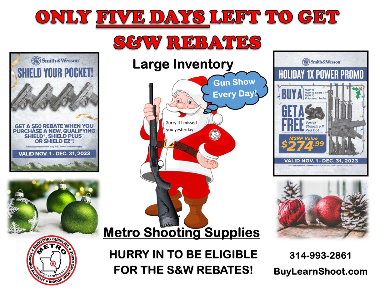 Hurry In! Rebates end 12/31/23.
BuyLearnShoot.com
#2a #smithandwesson #smithandwessonrebate #metroshootingsupplies