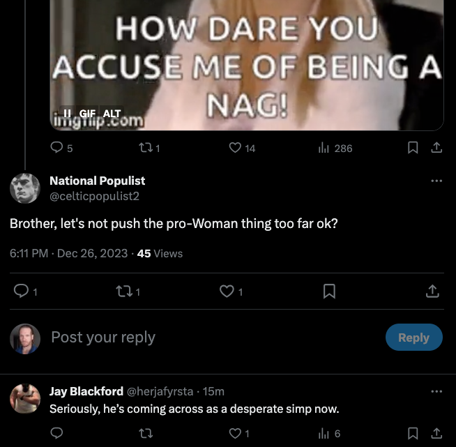 realrenergy's tweet photo. I have already openly declared myself a 'simp' for White women, and yes, I am desperate. I am desperate for White men to take responsibility for our situation and do more to protect our people. I am desperate for a movement that values our pro-White women and their contributions. https://t.co/4iJjYDhGyr