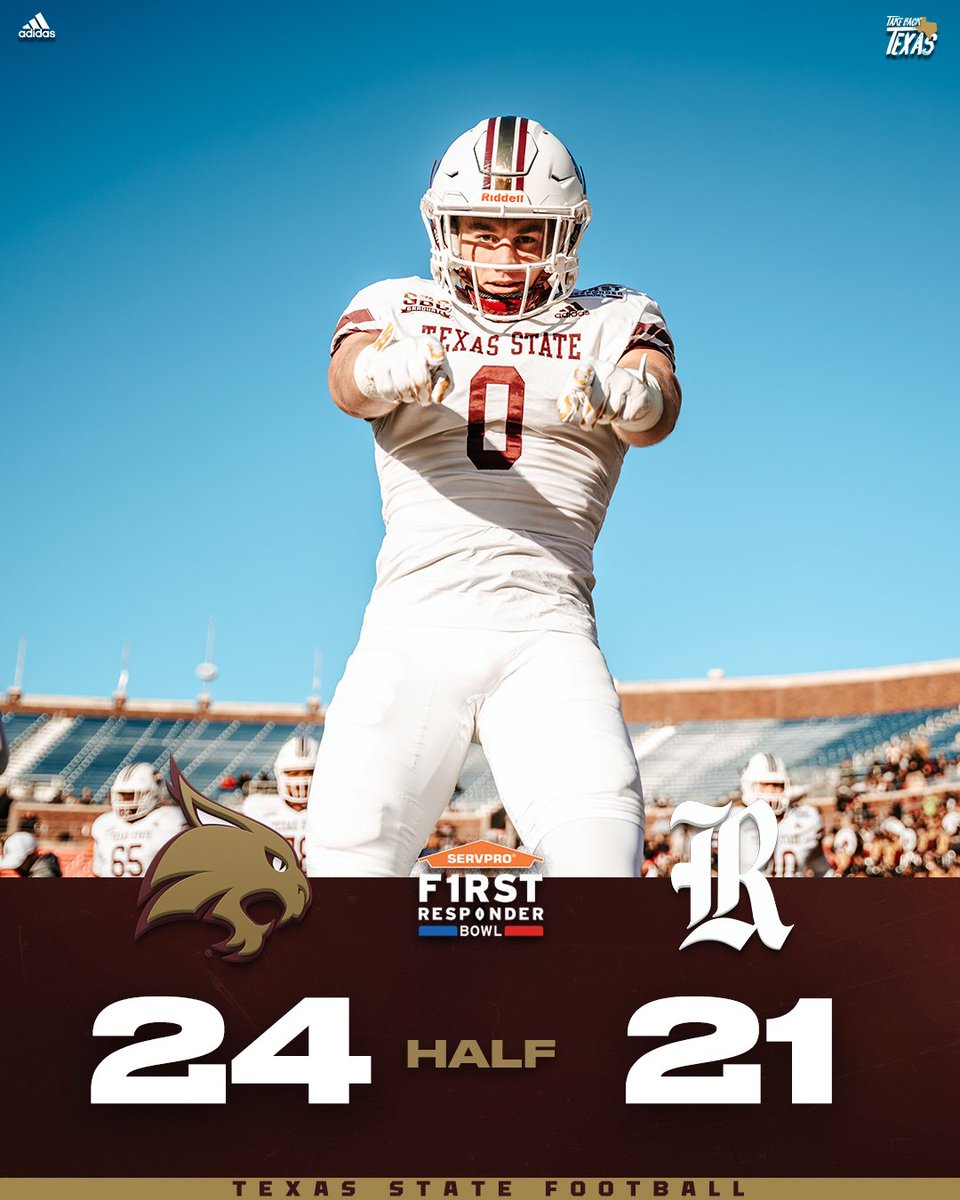 TXSTATEFOOTBALL's tweet photo. Bobcats Lead at the Half:

TXST - 24
Rice - 21

#EatEmUp #TakeBackTexas https://t.co/KKGTTY1q37