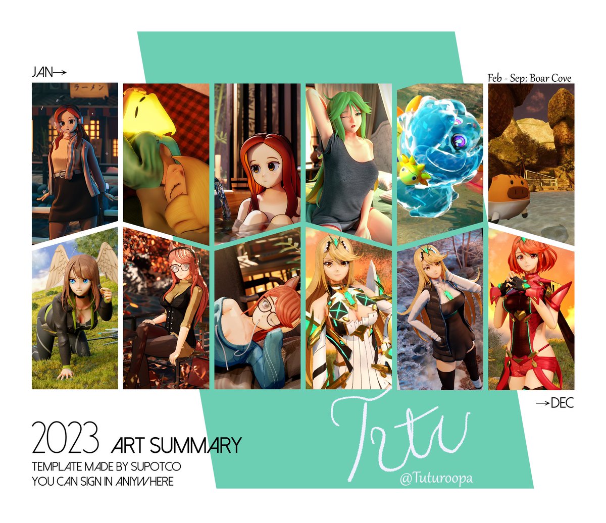 Tuturoopa's tweet photo. Art Summary for the year!

Always forget how much I did, always think a lot of these were from a year or so ago. 

A lot of this year went to developing my VRChat world Boar Cove but helped me get quick at the workflow and I'm super happy with everything made!

Thanks a bunch! https://t.co/zgkUMvS6ji
